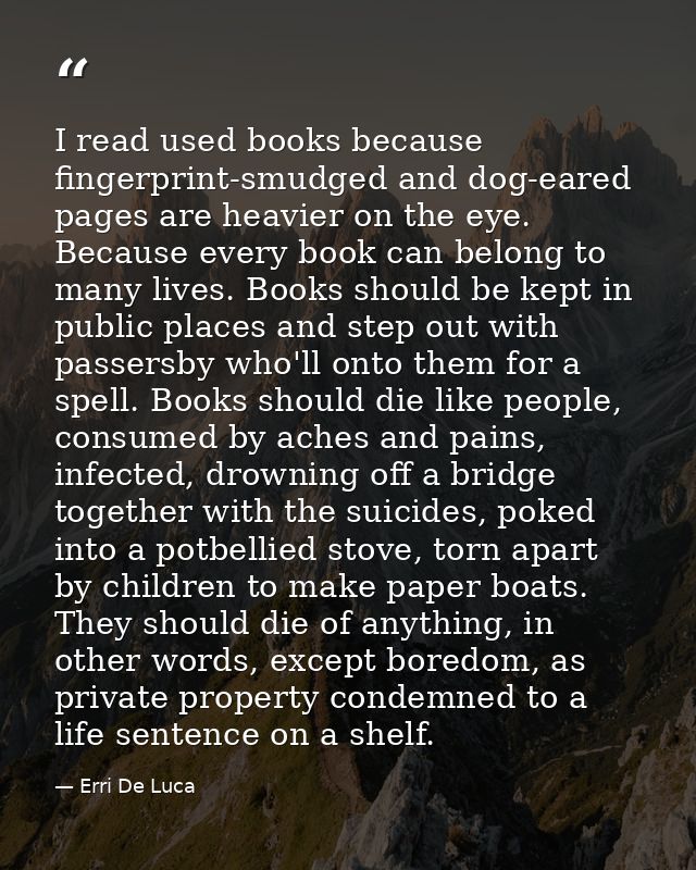 I read used books because fingerprint-smudged and dog-eared pages are heavier on the eye. Because every book can belong  — Erri De Luca