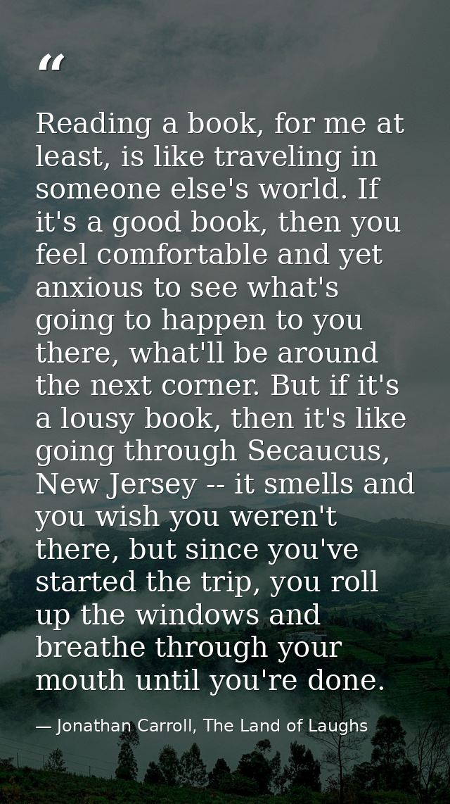 Reading a book, for me at least, is like traveling in someone else's world. If it's a good book, then you feel comfortab — Jonathan Carroll, The Land of Laughs