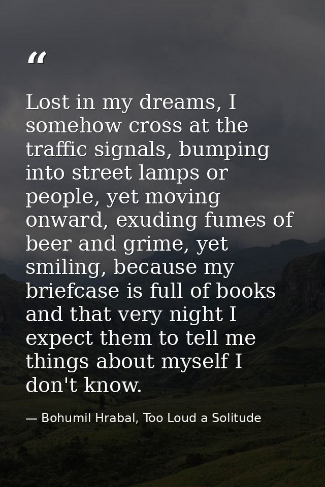 Lost in my dreams, I somehow cross at the traffic signals, bumping into street lamps or people, yet moving onward, exudi — Bohumil Hrabal, Too Loud a Solitude