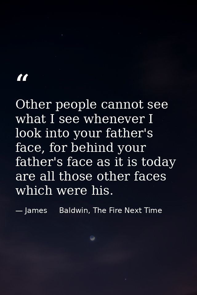 Other people cannot see what I see whenever I look into your father's face, for behind your father's face as it is today — James     Baldwin, The Fire Next Time
