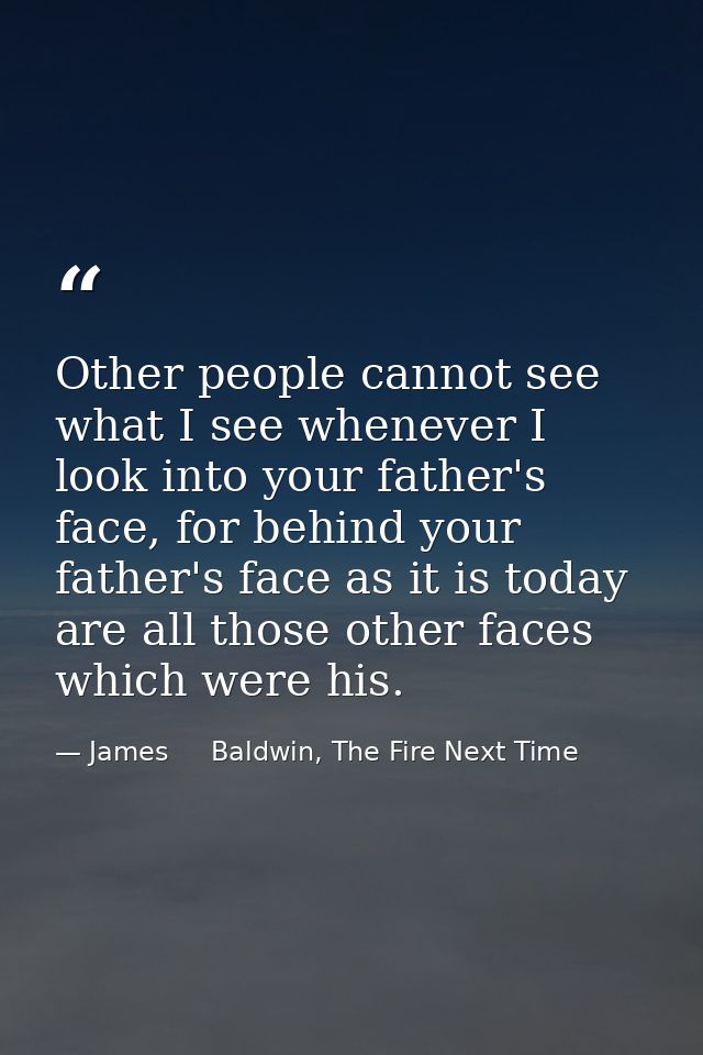Other people cannot see what I see whenever I look into your father's face, for behind your father's face as it is today — James     Baldwin, The Fire Next Time