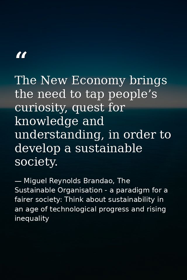 The New Economy brings the need to tap people’s curiosity, quest for knowledge and understanding, in order to develop a  — Miguel Reynolds Brandao, The Sustainable Organisation - a paradigm for a fairer society: Think about sustainability in an age of technological progress and rising inequality
