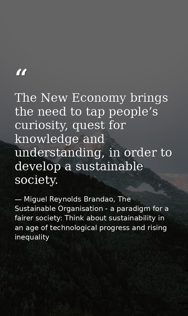 The New Economy brings the need to tap people’s curiosity, quest for knowledge and understanding, in order to develop a  — Miguel Reynolds Brandao, The Sustainable Organisation - a paradigm for a fairer society: Think about sustainability in an age of technological progress and rising inequality