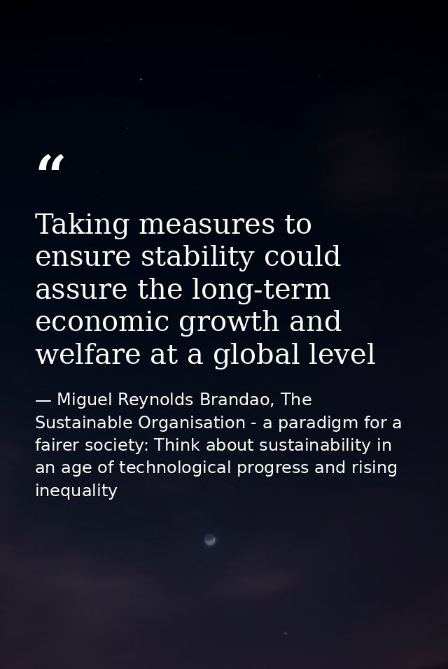 Taking measures to ensure stability could assure the long-term economic growth and welfare at a global level — Miguel Reynolds Brandao, The Sustainable Organisation - a paradigm for a fairer society: Think about sustainability in an age of technological progress and rising inequality