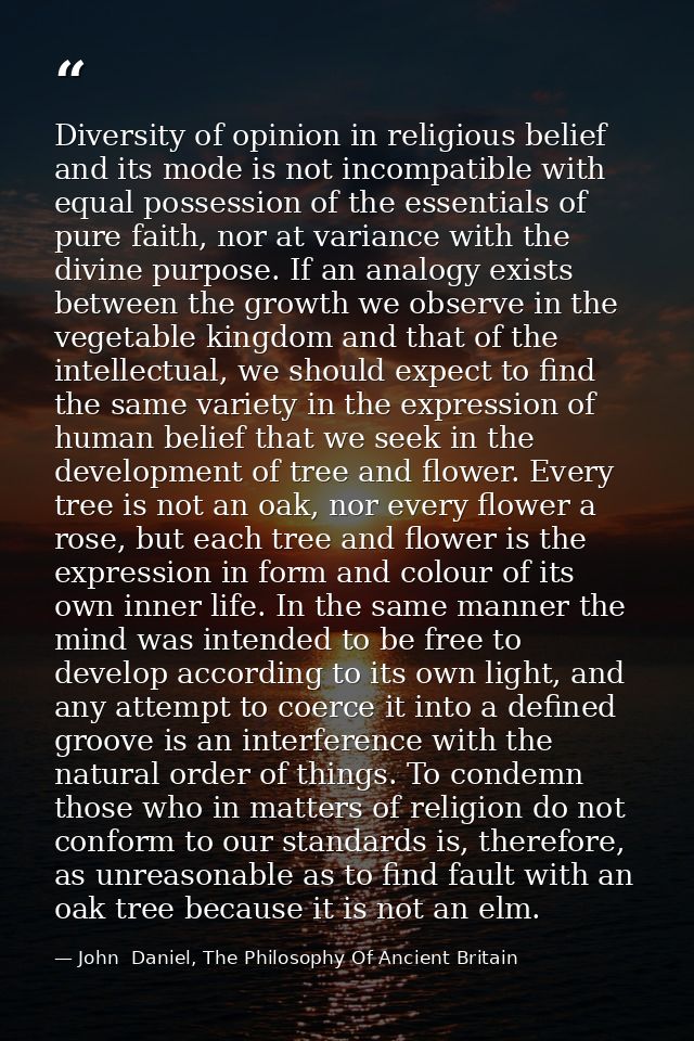 Diversity of opinion in religious belief and its mode is not incompatible with equal possession of the essentials of pur — John  Daniel, The Philosophy Of Ancient Britain