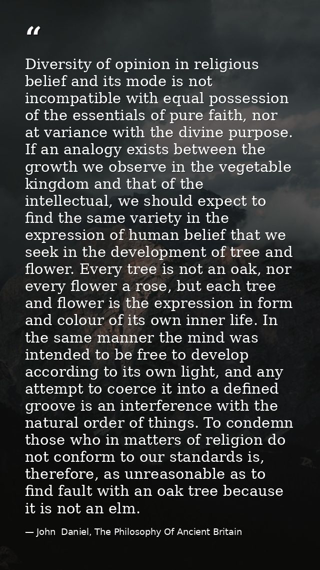 Diversity of opinion in religious belief and its mode is not incompatible with equal possession of the essentials of pur — John  Daniel, The Philosophy Of Ancient Britain