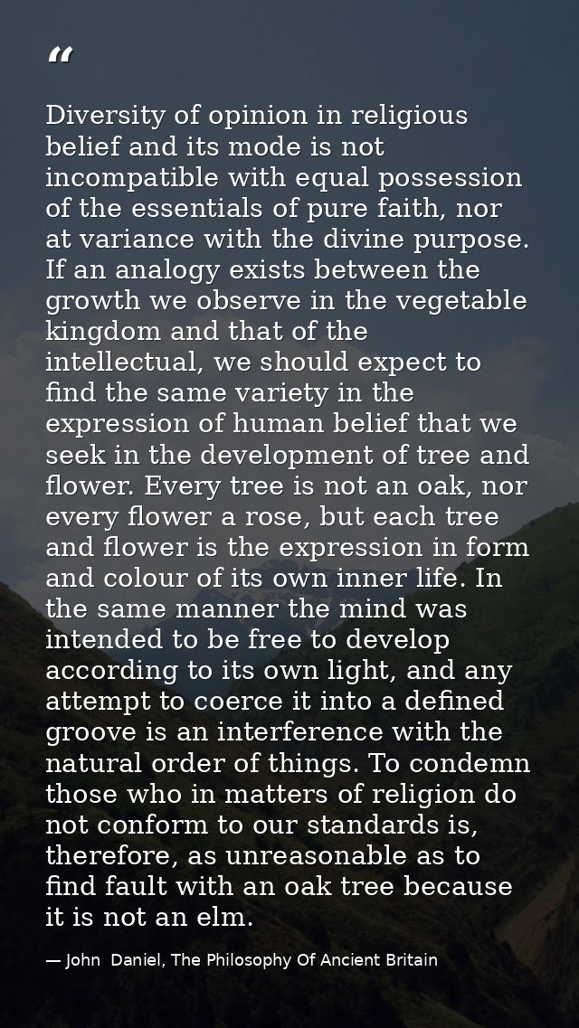 Diversity of opinion in religious belief and its mode is not incompatible with equal possession of the essentials of pur — John  Daniel, The Philosophy Of Ancient Britain