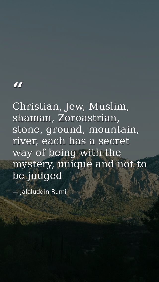 Christian, Jew, Muslim, shaman, Zoroastrian, stone, ground, mountain, river, each has a secret way of being with the mys — Jalaluddin Rumi