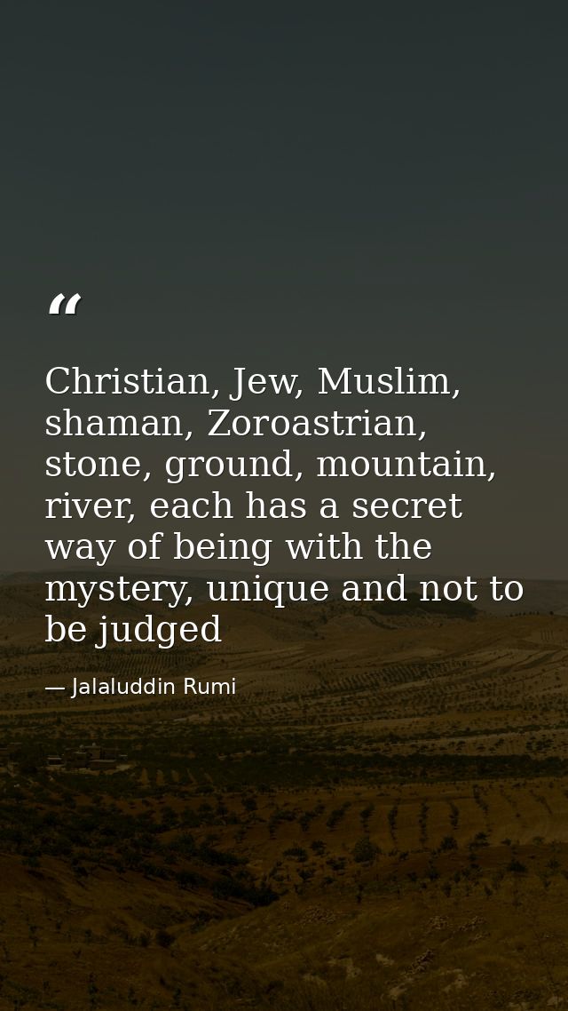 Christian, Jew, Muslim, shaman, Zoroastrian, stone, ground, mountain, river, each has a secret way of being with the mys — Jalaluddin Rumi