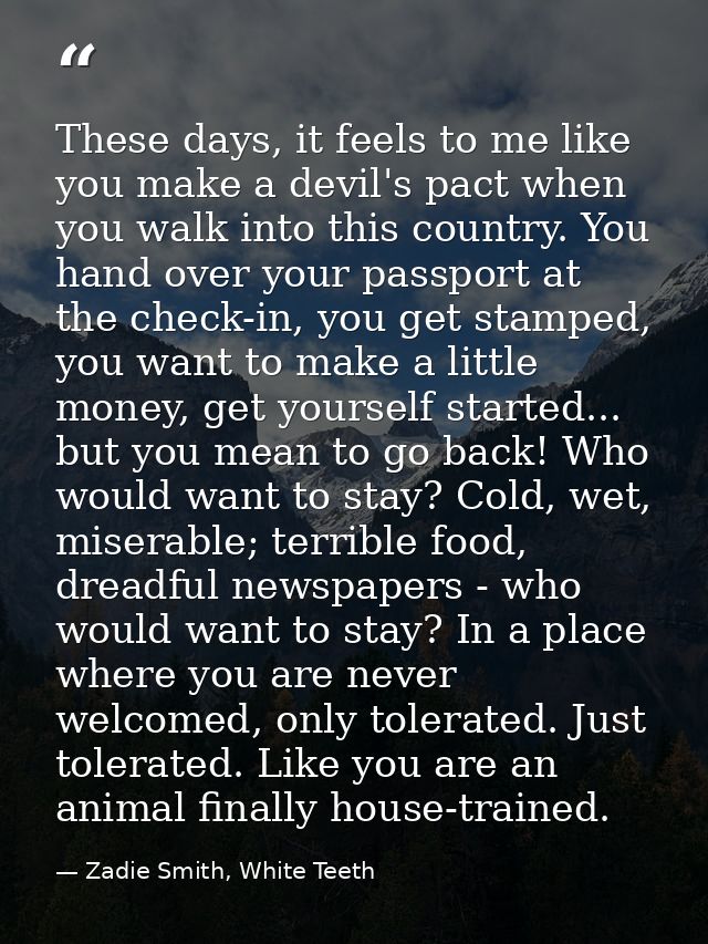 These days, it feels to me like you make a devil's pact when you walk into this country. You hand over your passport at  — Zadie Smith, White Teeth