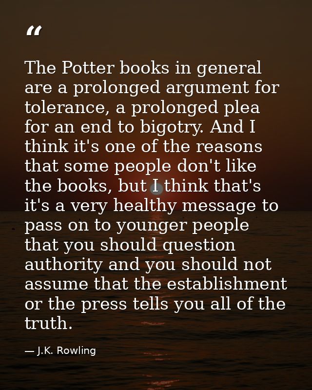 The Potter books in general are a prolonged argument for tolerance, a prolonged plea for an end to bigotry. And I think  — J.K. Rowling