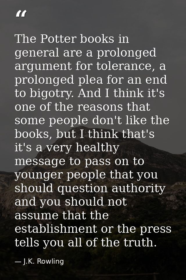 The Potter books in general are a prolonged argument for tolerance, a prolonged plea for an end to bigotry. And I think  — J.K. Rowling