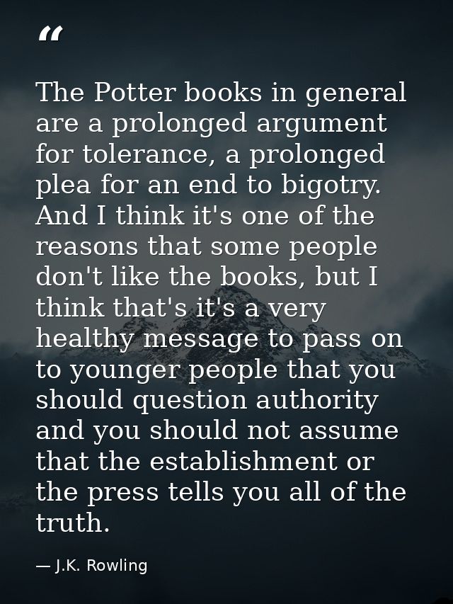 The Potter books in general are a prolonged argument for tolerance, a prolonged plea for an end to bigotry. And I think  — J.K. Rowling
