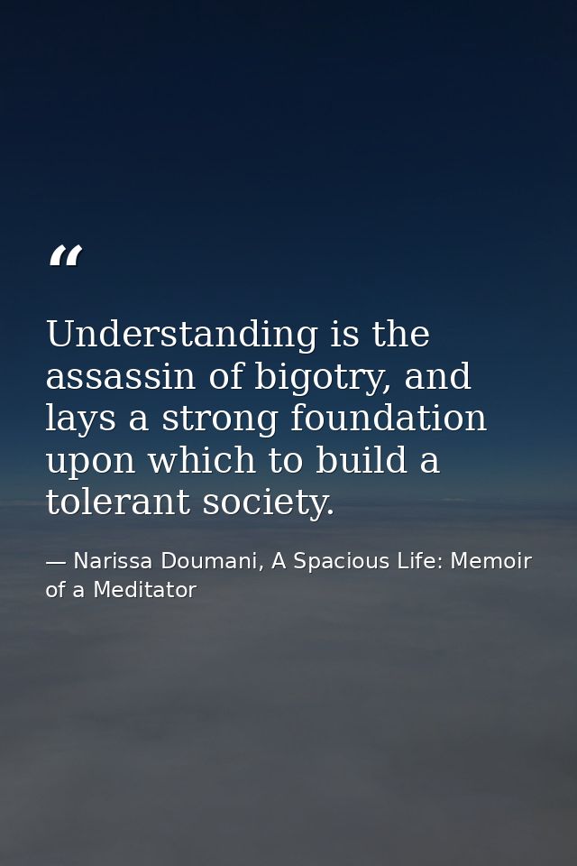 Understanding is the assassin of bigotry, and lays a strong foundation upon which to build a tolerant society. — Narissa Doumani, A Spacious Life: Memoir of a Meditator
