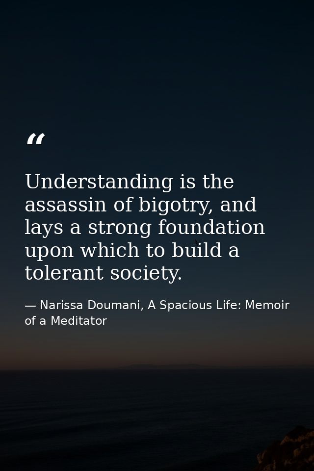 Understanding is the assassin of bigotry, and lays a strong foundation upon which to build a tolerant society. — Narissa Doumani, A Spacious Life: Memoir of a Meditator