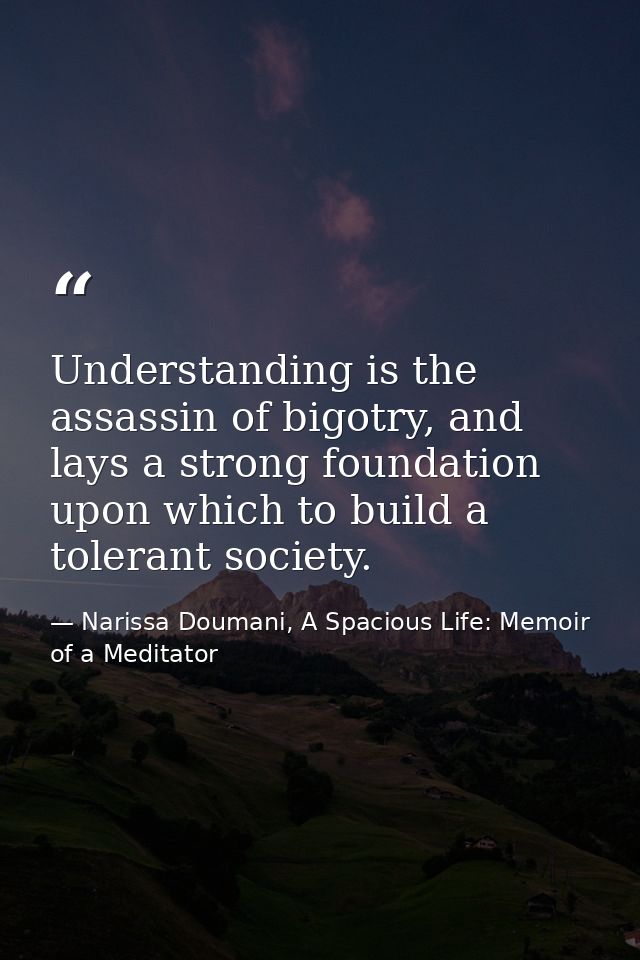 Understanding is the assassin of bigotry, and lays a strong foundation upon which to build a tolerant society. — Narissa Doumani, A Spacious Life: Memoir of a Meditator