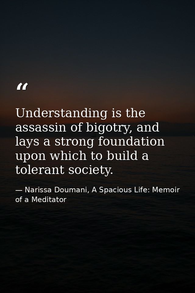 Understanding is the assassin of bigotry, and lays a strong foundation upon which to build a tolerant society. — Narissa Doumani, A Spacious Life: Memoir of a Meditator