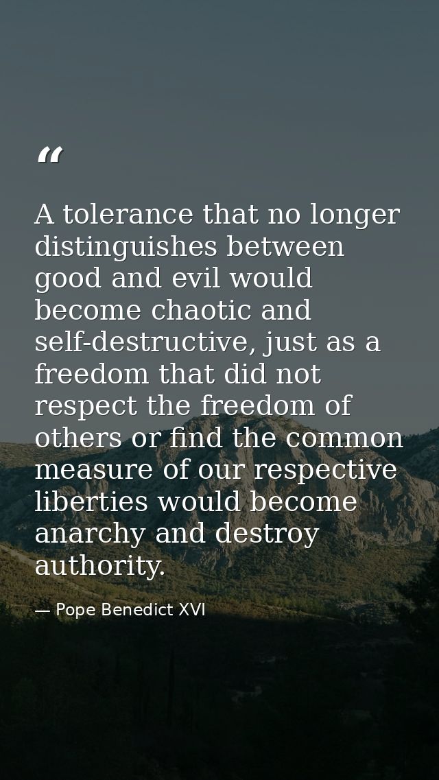 A tolerance that no longer distinguishes between good and evil would become chaotic and self-destructive, just as a free — Pope Benedict XVI