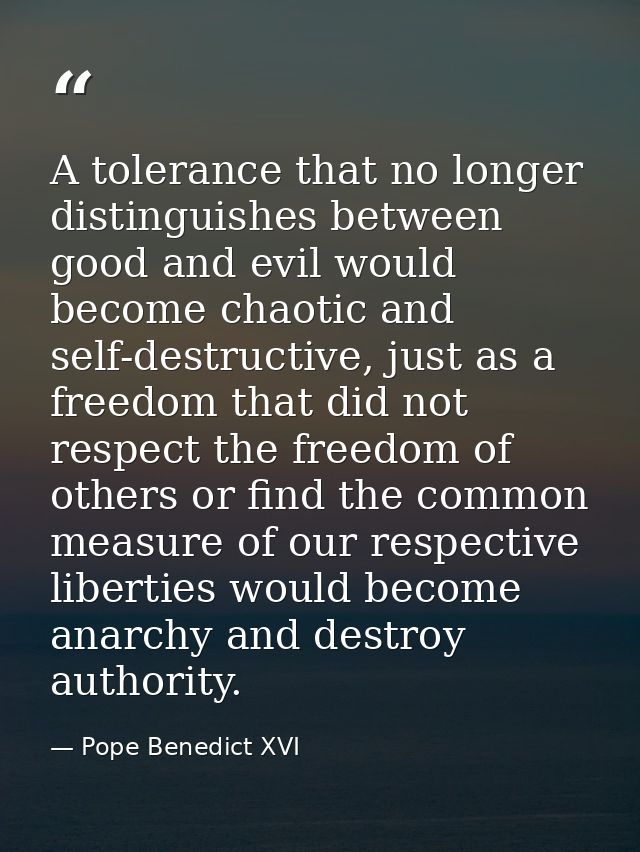 A tolerance that no longer distinguishes between good and evil would become chaotic and self-destructive, just as a free — Pope Benedict XVI