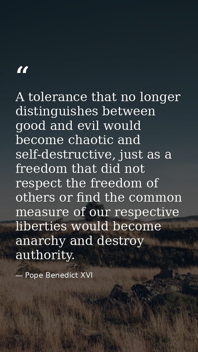 A tolerance that no longer distinguishes between good and evil would become chaotic and self-destructive, just as a free — Pope Benedict XVI