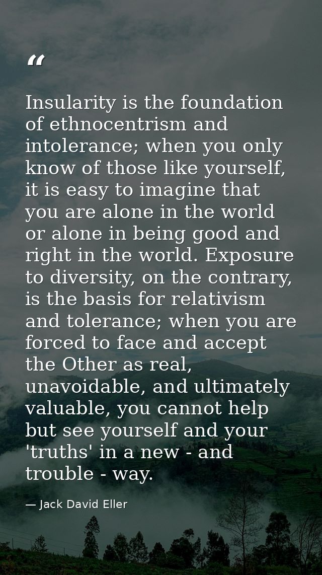 Insularity is the foundation of ethnocentrism and intolerance; when you only know of those like yourself, it is easy to  — Jack David Eller