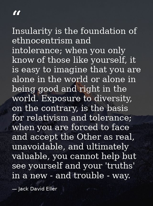 Insularity is the foundation of ethnocentrism and intolerance; when you only know of those like yourself, it is easy to  — Jack David Eller