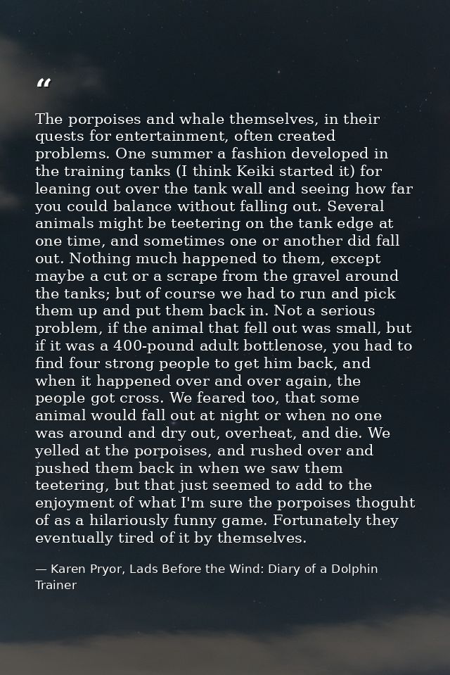 The porpoises and whale themselves, in their quests for entertainment, often created problems. One summer a fashion deve — Karen Pryor, Lads Before the Wind: Diary of a Dolphin Trainer