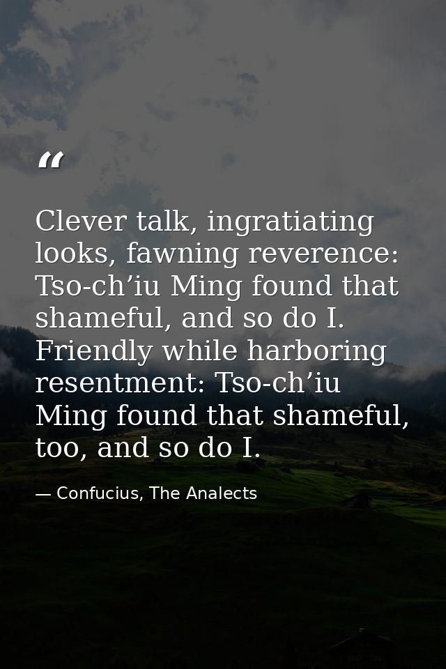 Clever talk, ingratiating looks, fawning reverence: Tso-ch’iu Ming found that shameful, and so do I. Friendly while harb — Confucius, The Analects