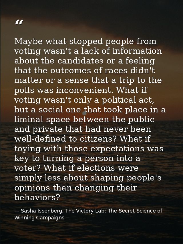 Maybe what stopped people from voting wasn't a lack of information about the candidates or a feeling that the outcomes o — Sasha Issenberg, The Victory Lab: The Secret Science of Winning Campaigns