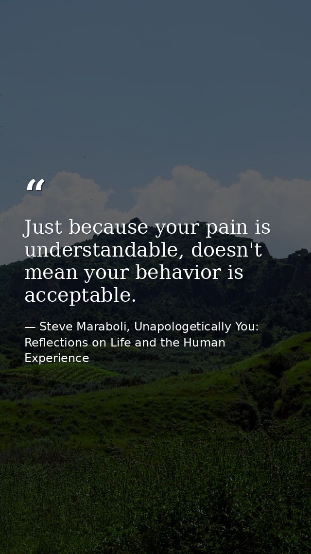 Just because your pain is understandable, doesn't mean your behavior is acceptable. — Steve Maraboli, Unapologetically You: Reflections on Life and the Human Experience