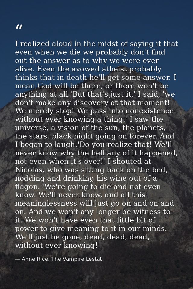 I realized aloud in the midst of saying it that even when we die we probably don't find out the answer as to why we were — Anne Rice, The Vampire Lestat