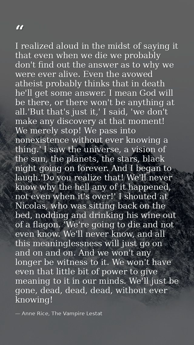 I realized aloud in the midst of saying it that even when we die we probably don't find out the answer as to why we were — Anne Rice, The Vampire Lestat