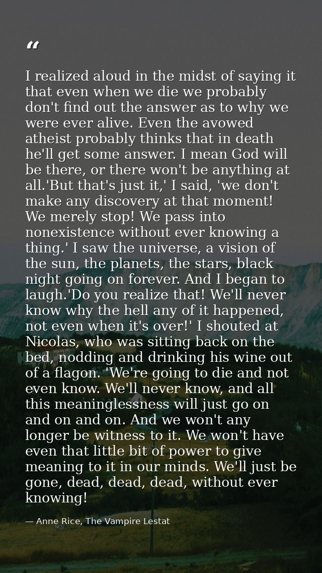 I realized aloud in the midst of saying it that even when we die we probably don't find out the answer as to why we were — Anne Rice, The Vampire Lestat