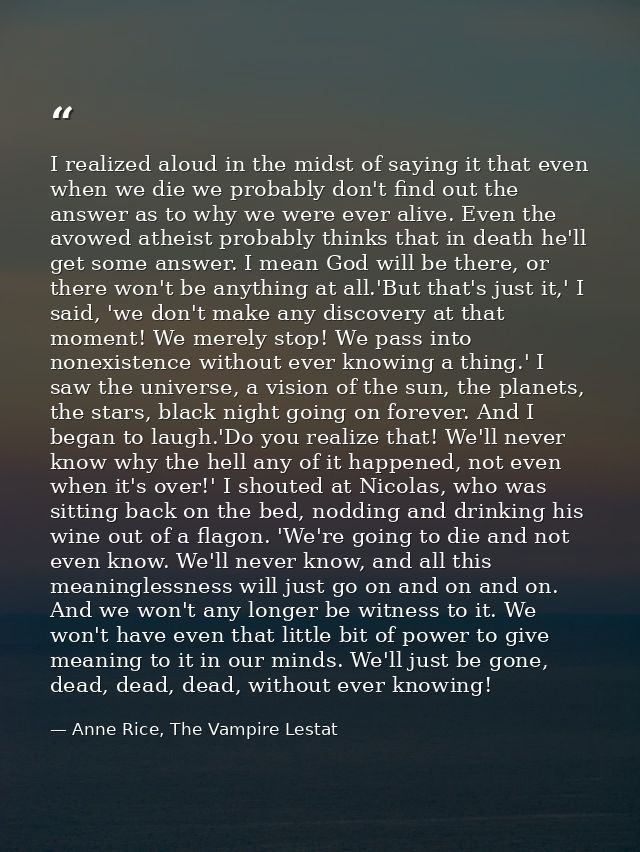 I realized aloud in the midst of saying it that even when we die we probably don't find out the answer as to why we were — Anne Rice, The Vampire Lestat
