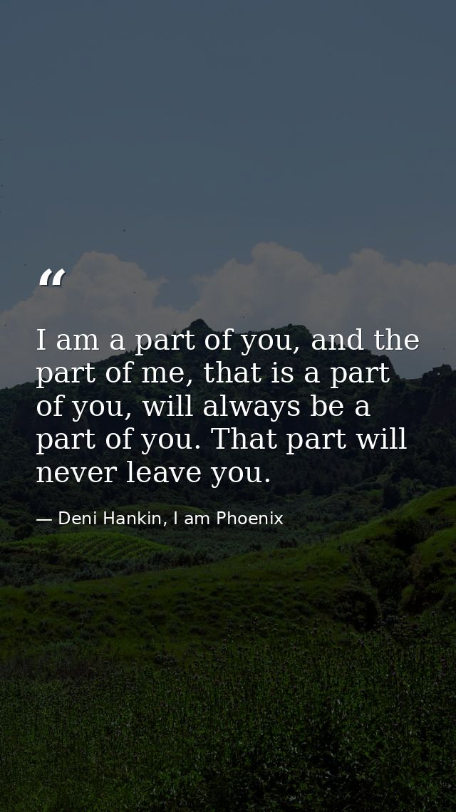 I am a part of you, and the part of me, that is a part of you, will always be a part of you. That part will never leave  — Deni Hankin, I am Phoenix