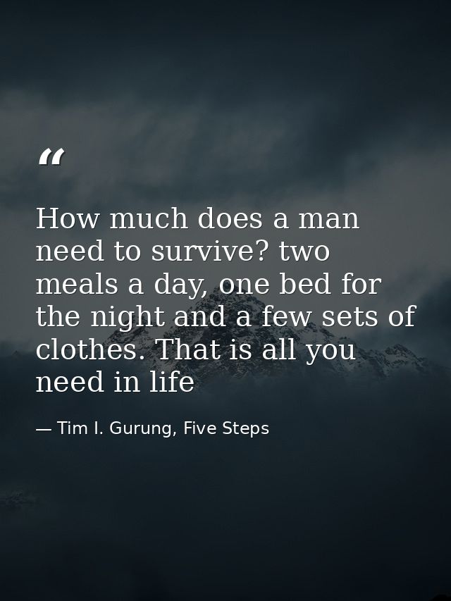 How much does a man need to survive? two meals a day, one bed for the night and a few sets of clothes. That is all you n — Tim I. Gurung, Five Steps