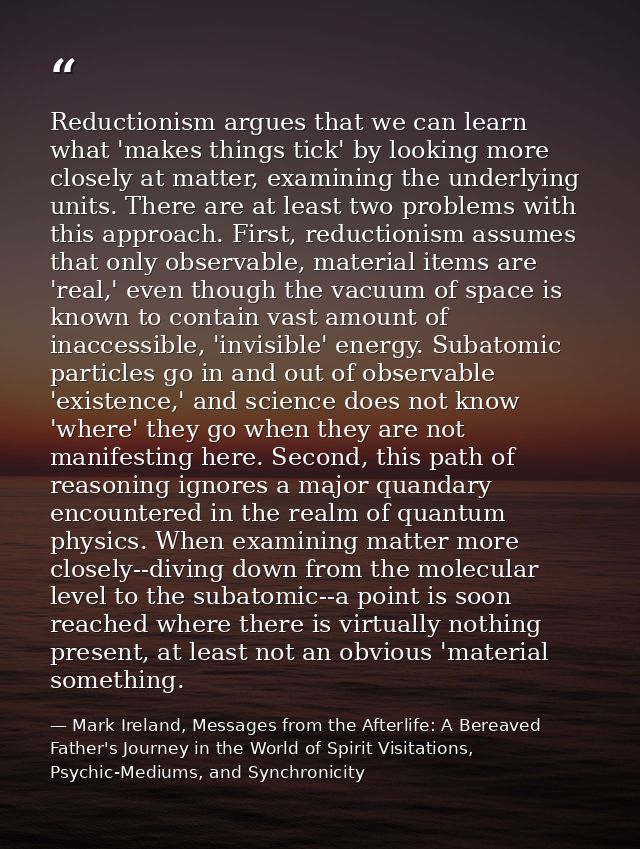 Reductionism argues that we can learn what 'makes things tick' by looking more closely at matter, examining the underlyi — Mark Ireland, Messages from the Afterlife: A Bereaved Father's Journey in the World of Spirit Visitations, Psychic-Mediums, and Synchronicity