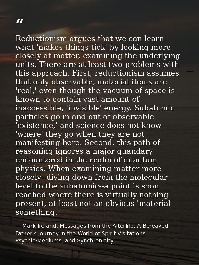 Reductionism argues that we can learn what 'makes things tick' by looking more closely at matter, examining the underlyi — Mark Ireland, Messages from the Afterlife: A Bereaved Father's Journey in the World of Spirit Visitations, Psychic-Mediums, and Synchronicity