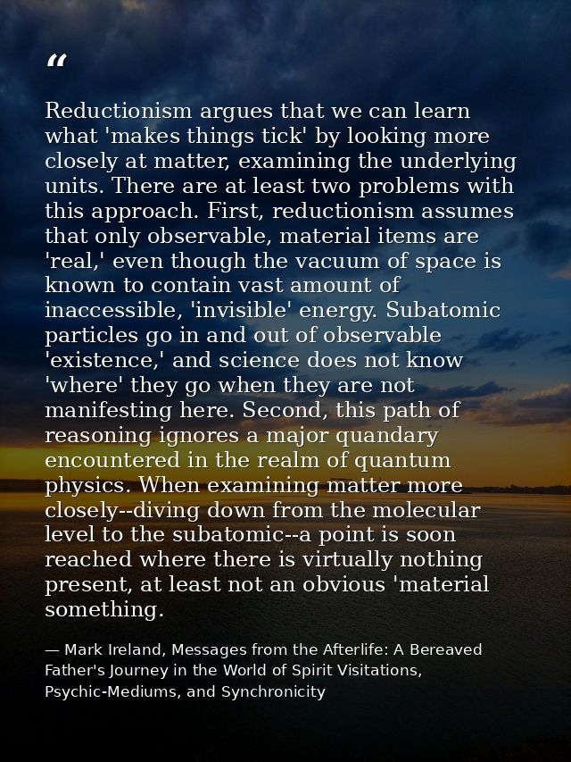 Reductionism argues that we can learn what 'makes things tick' by looking more closely at matter, examining the underlyi — Mark Ireland, Messages from the Afterlife: A Bereaved Father's Journey in the World of Spirit Visitations, Psychic-Mediums, and Synchronicity