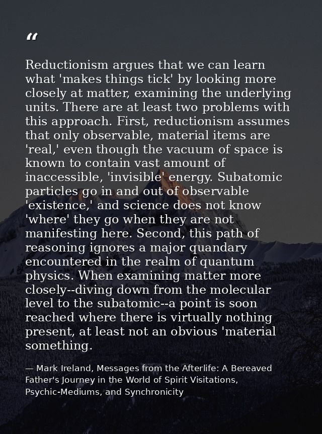 Reductionism argues that we can learn what 'makes things tick' by looking more closely at matter, examining the underlyi — Mark Ireland, Messages from the Afterlife: A Bereaved Father's Journey in the World of Spirit Visitations, Psychic-Mediums, and Synchronicity
