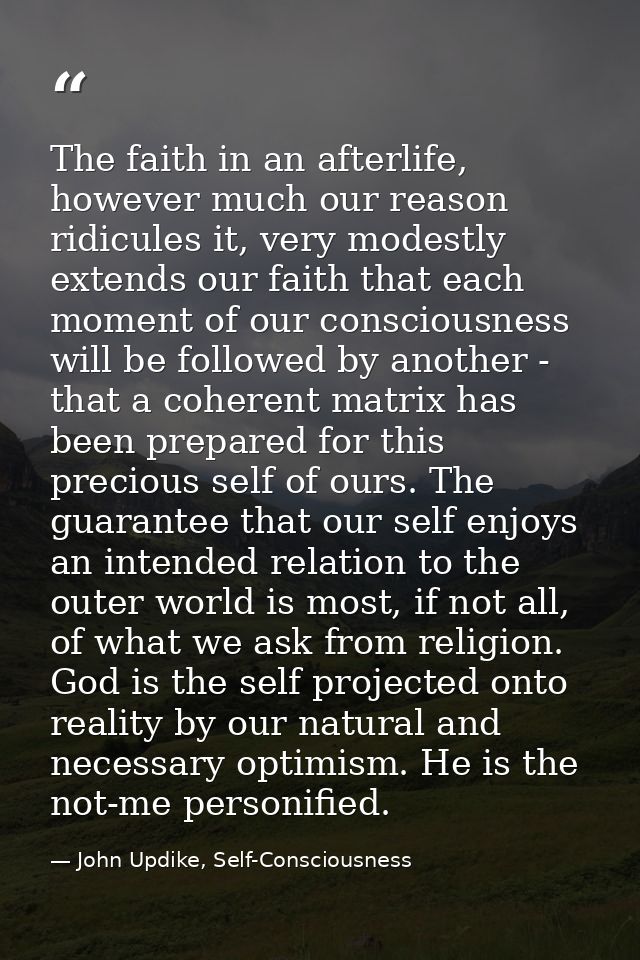 The faith in an afterlife, however much our reason ridicules it, very modestly extends our faith that each moment of our — John Updike, Self-Consciousness