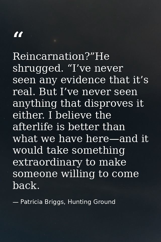 Reincarnation?”He shrugged. “I’ve never seen any evidence that it’s real. But I’ve never seen anything that disproves it — Patricia Briggs, Hunting Ground