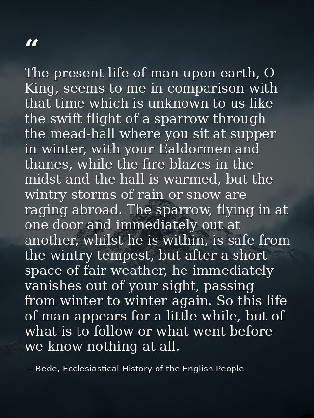 The present life of man upon earth, O King, seems to me in comparison with that time which is unknown to us like the swi — Bede, Ecclesiastical History of the English People