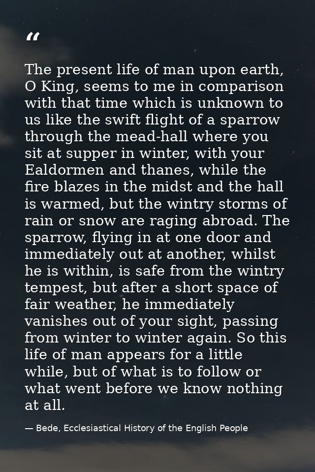 The present life of man upon earth, O King, seems to me in comparison with that time which is unknown to us like the swi — Bede, Ecclesiastical History of the English People