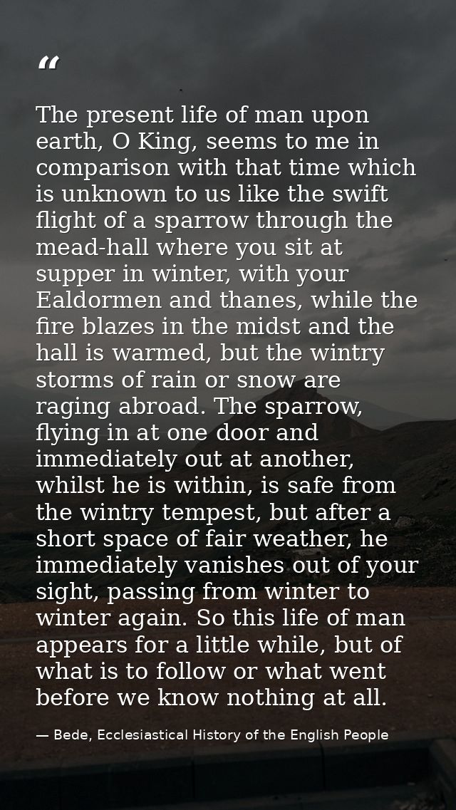 The present life of man upon earth, O King, seems to me in comparison with that time which is unknown to us like the swi — Bede, Ecclesiastical History of the English People