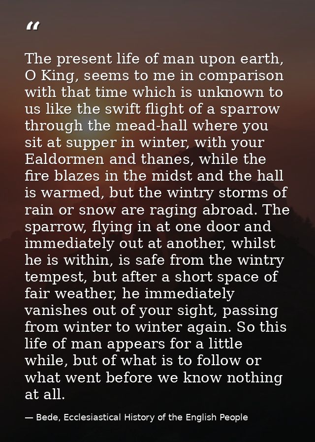 The present life of man upon earth, O King, seems to me in comparison with that time which is unknown to us like the swi — Bede, Ecclesiastical History of the English People