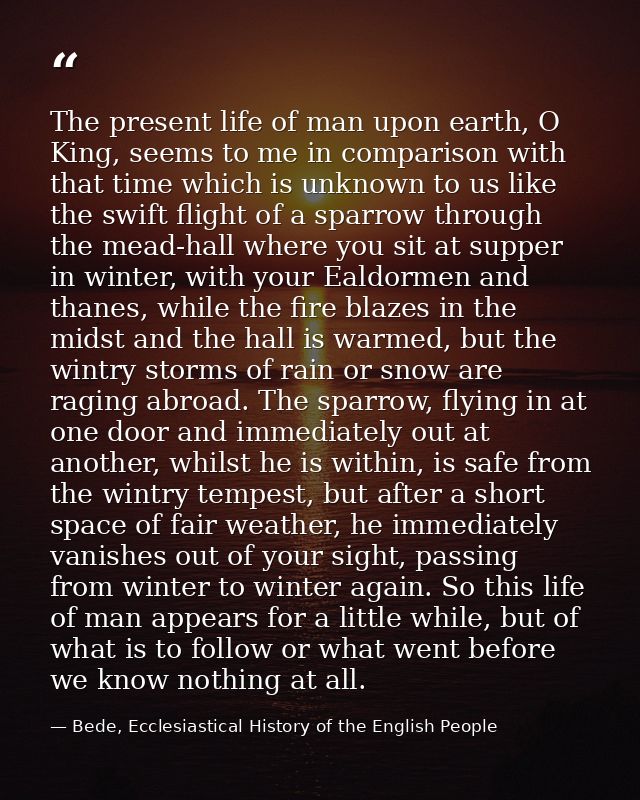 The present life of man upon earth, O King, seems to me in comparison with that time which is unknown to us like the swi — Bede, Ecclesiastical History of the English People