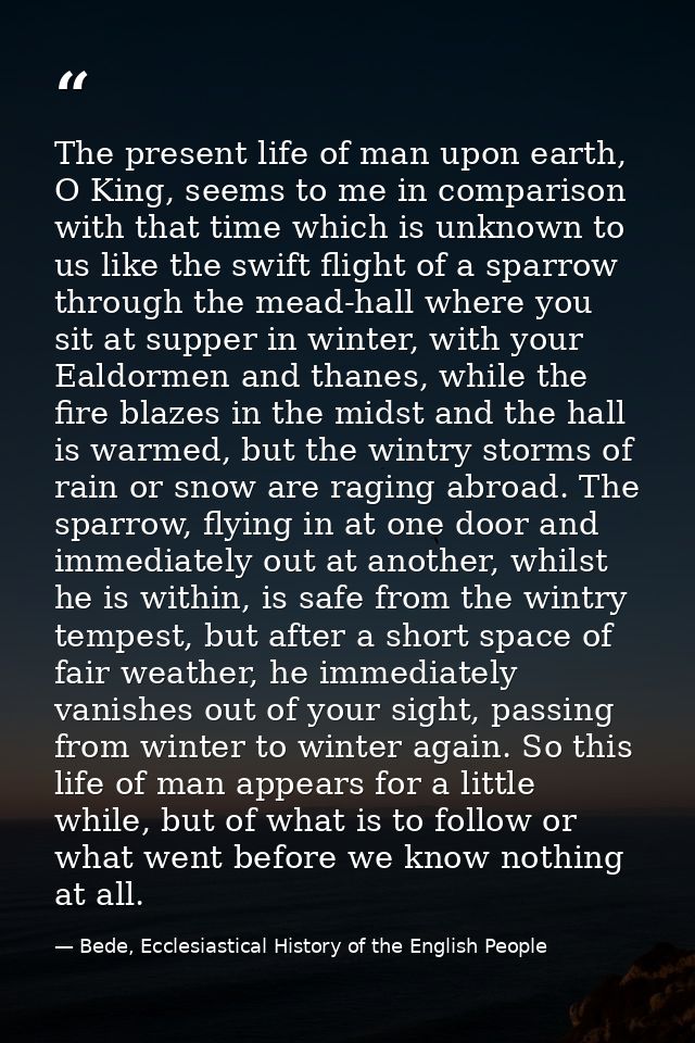 The present life of man upon earth, O King, seems to me in comparison with that time which is unknown to us like the swi — Bede, Ecclesiastical History of the English People