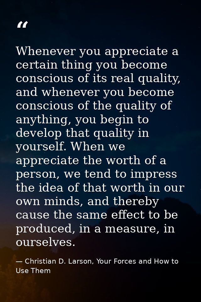 Whenever you appreciate a certain thing you become conscious of its real quality, and whenever you become conscious of t — Christian D. Larson, Your Forces and How to Use Them