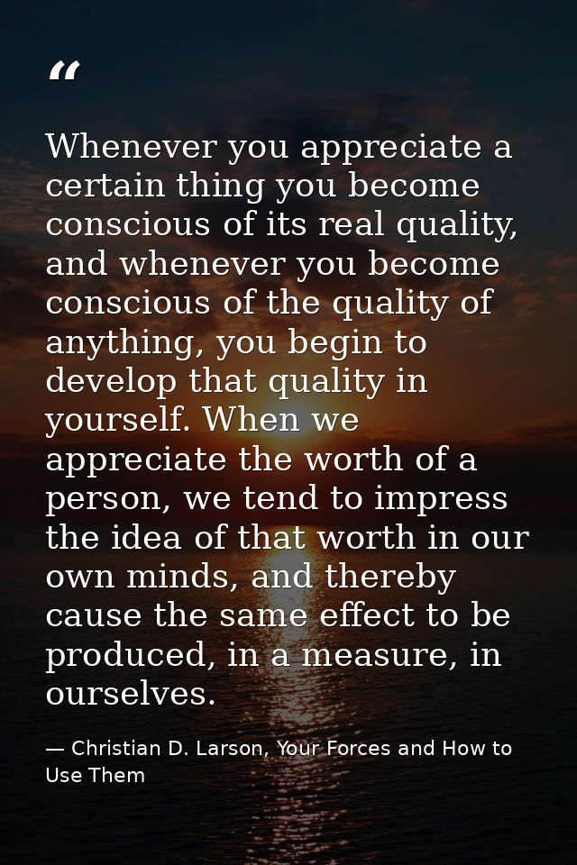 Whenever you appreciate a certain thing you become conscious of its real quality, and whenever you become conscious of t — Christian D. Larson, Your Forces and How to Use Them